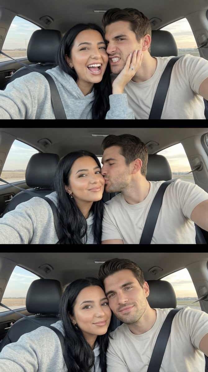 Photoreal Playful Couple Car Selfie Triptych