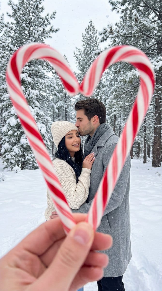 Photoreal Winter Couple Portrait with Candy Cane Frame - KI-Prompt