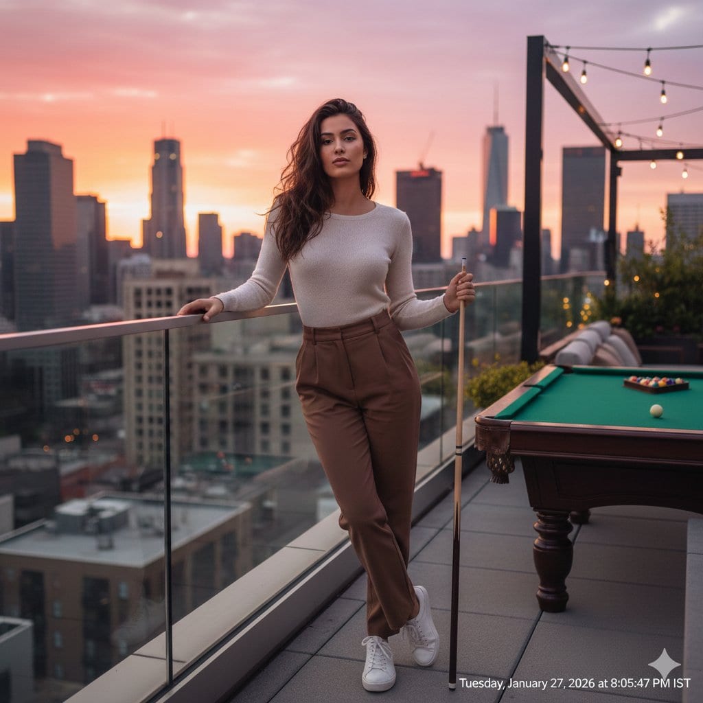 Photorealistic Lifestyle Portrait in a Billiards Lounge with Identity Lock - AI 프롬프트