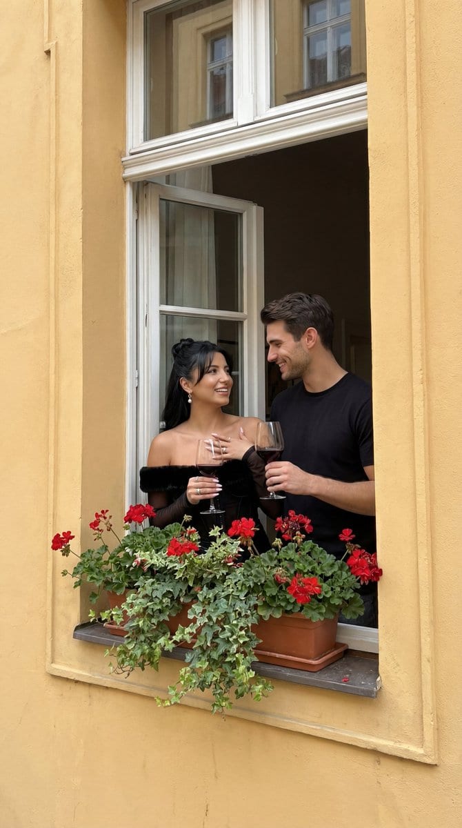 Photorealistic Architectural Edit: Couple in Window - KI-Prompt