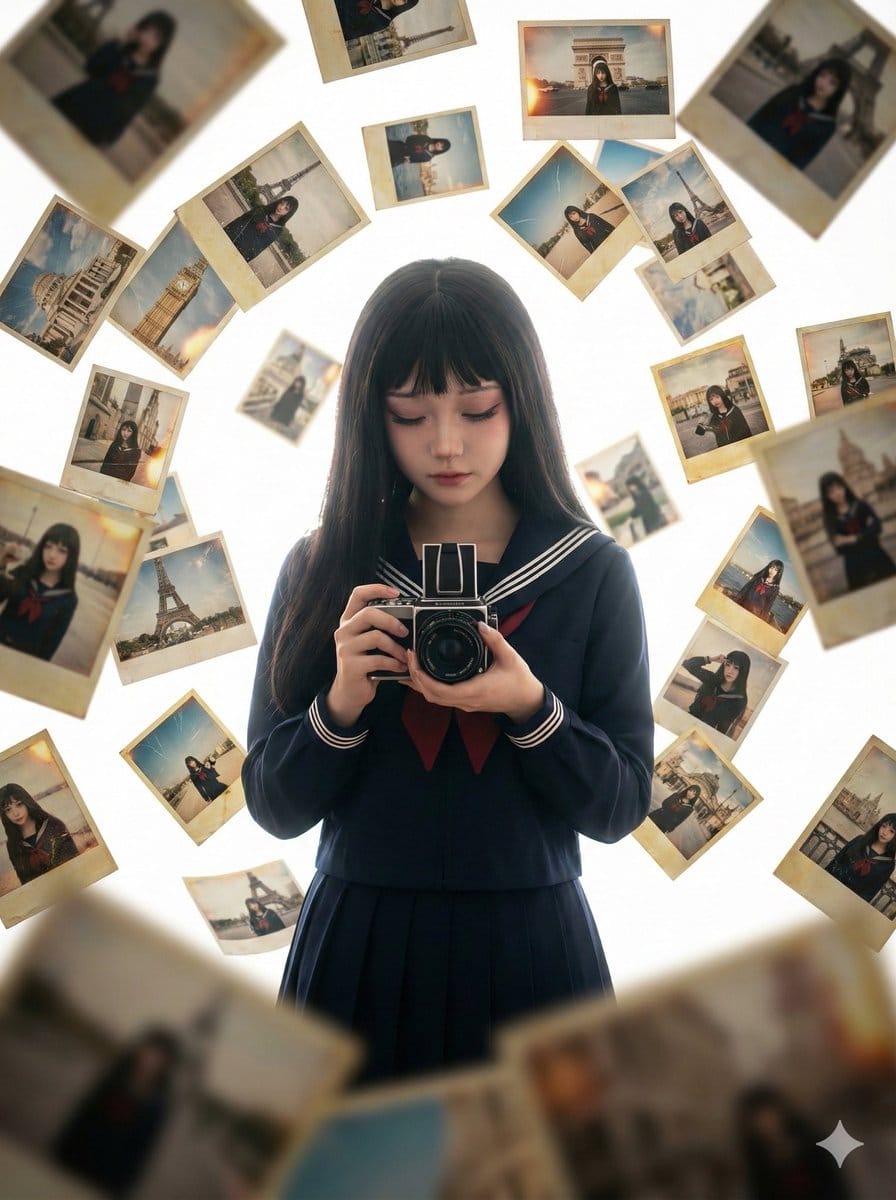 Photorealistic Asian Girl with Floating Photos Prompt (JSON Format) - AI 프롬프트