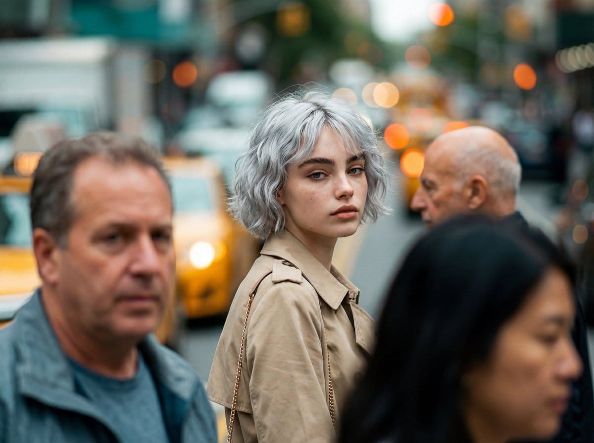 Photorealistic Candid Street-Fashion Portrait with Extreme Bokeh - AI 프롬프트