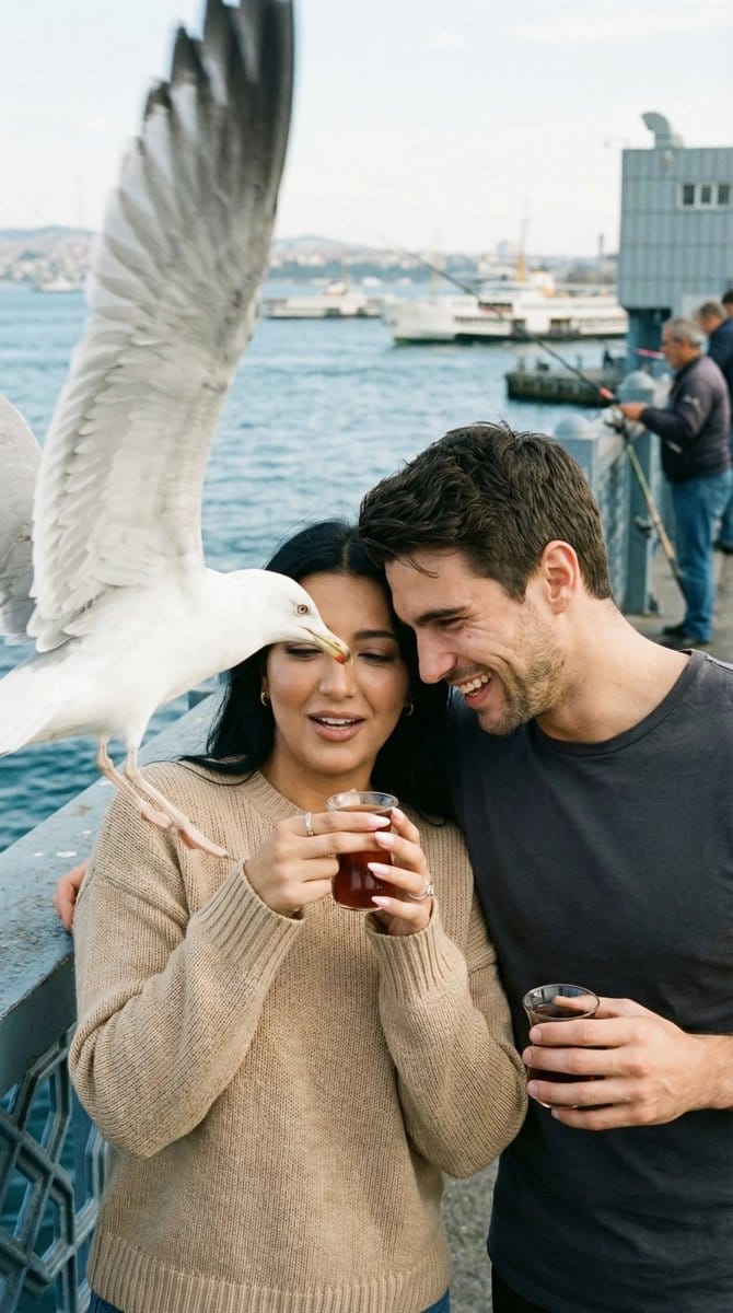 Photorealistic Candid Street Romance Prompt (Galata Bridge) - AI 프롬프트