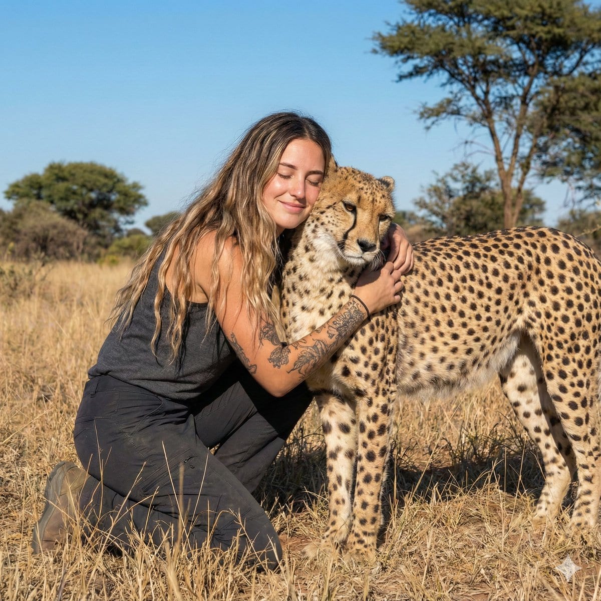 Photorealistic Cheetah Hug in the Savannah - AI 프롬프트