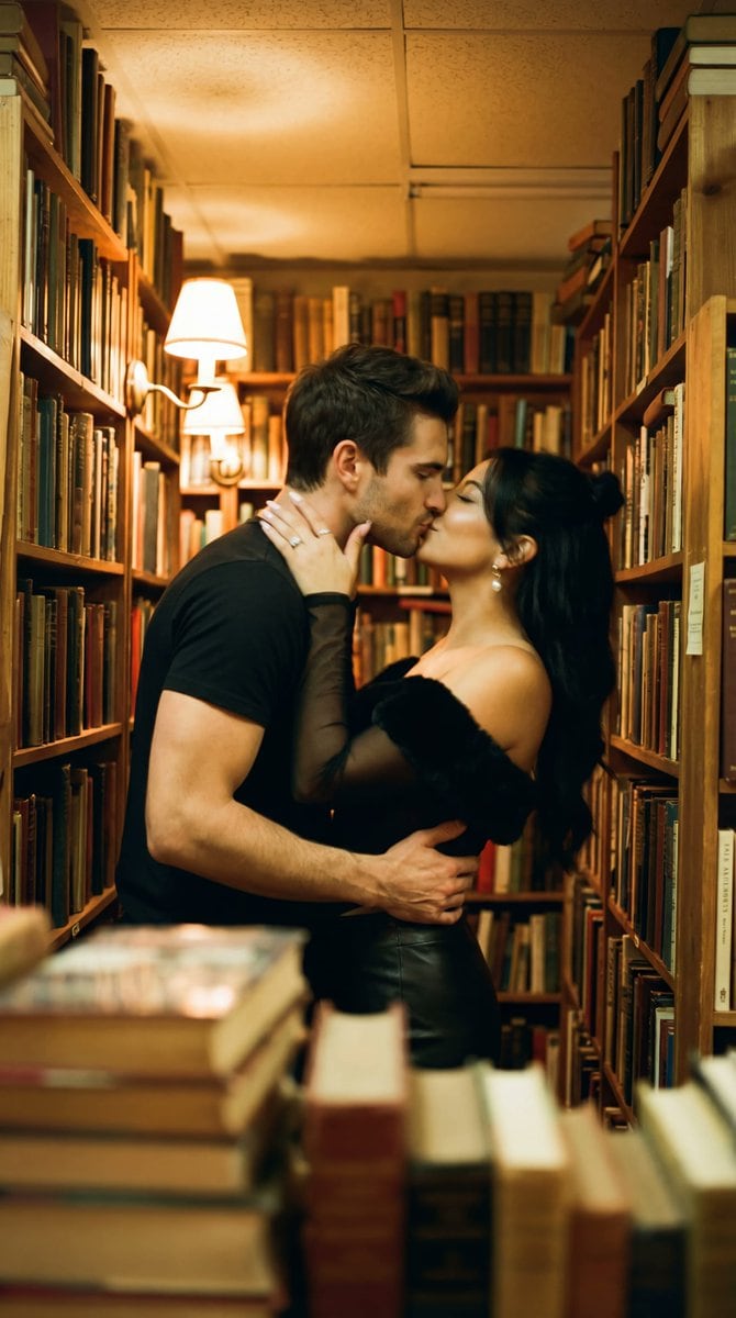 Photorealistic Cinematic Kiss in a Cozy Bookstore Aisle - AI提示词