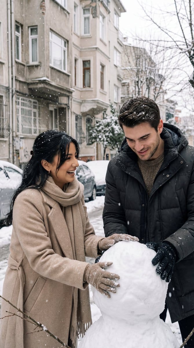 Photorealistic Cinematic Street Romance in Istanbul Snow - Prompt de IA