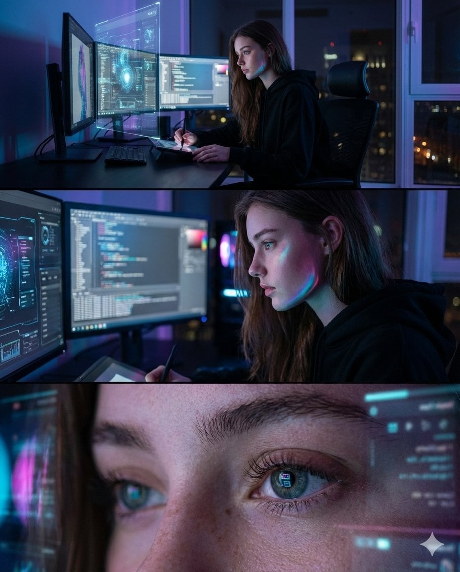 Photorealistic Cinematic Triptych Portrait Prompt - AI 프롬프트