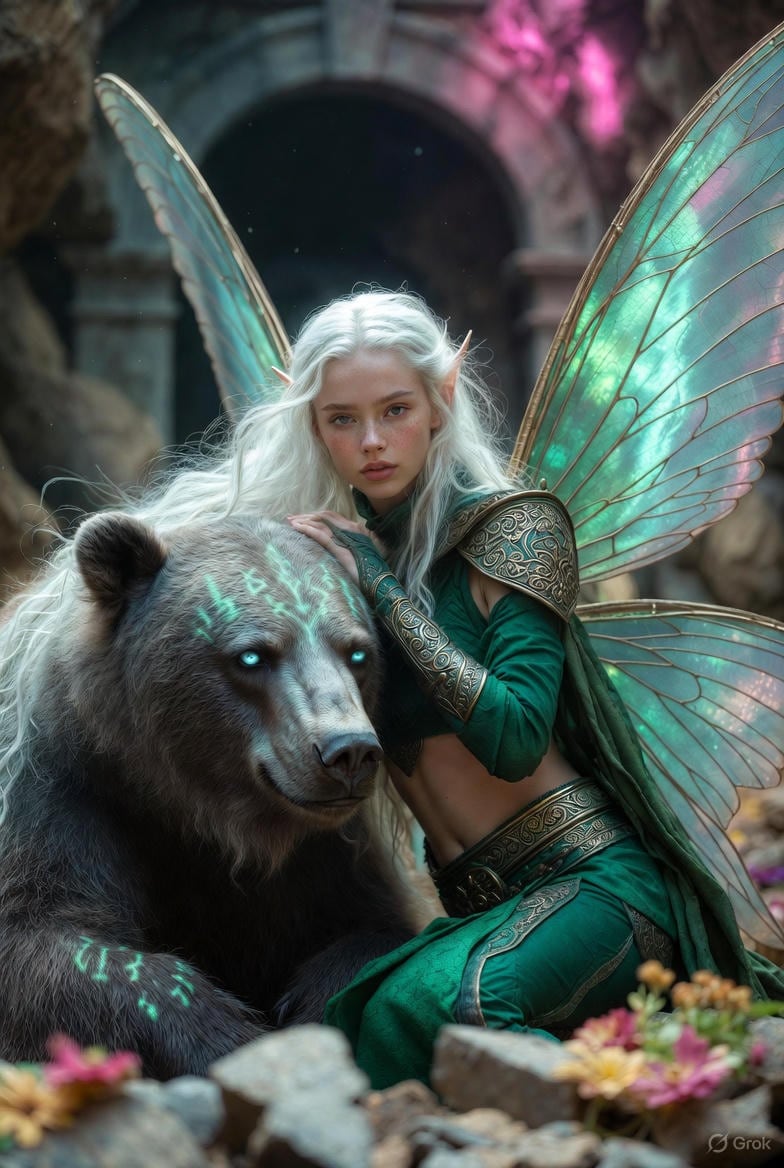 Photorealistic Fantasy Scene: Fairy and Muscular Bear in Cavern - AI提示词