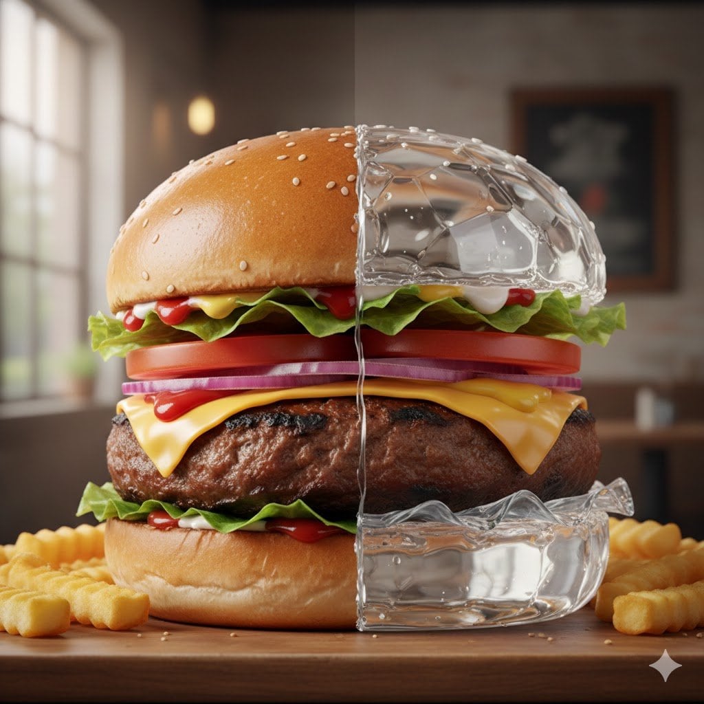 Photorealistic Hamburger Half Glass, Half Normal - KI-Prompt