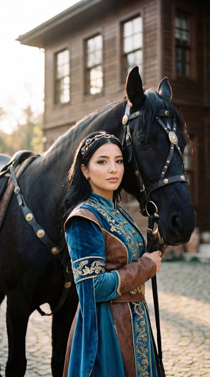 Photorealistic Historical Turkish Woman with Black Horse - AI提示詞