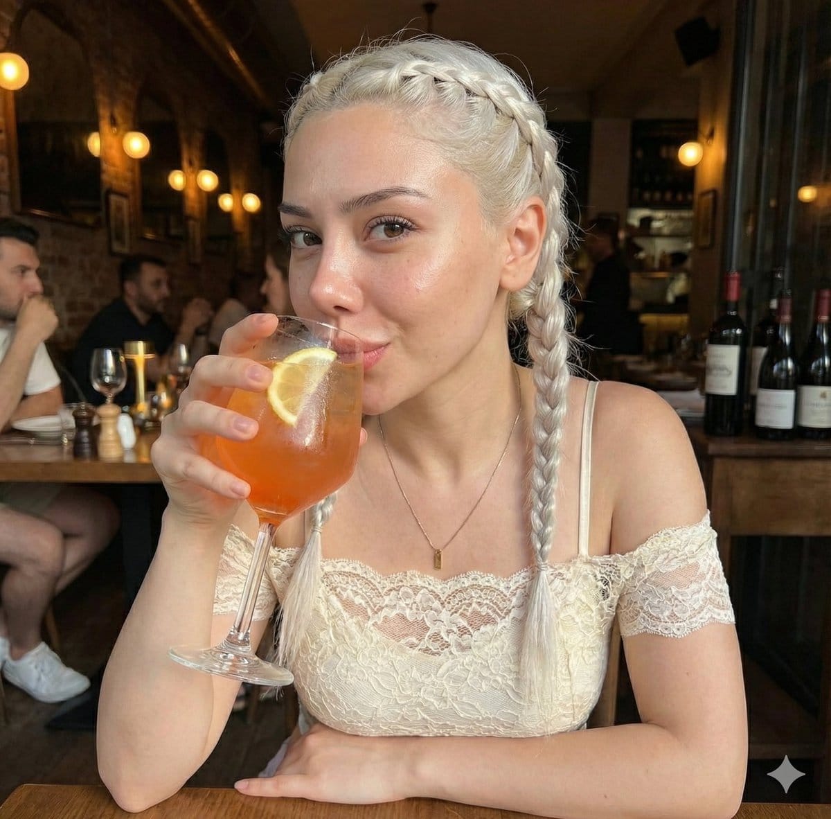 Photorealistic Intimate Portrait of a Woman Drinking a Cocktail - KI-Prompt