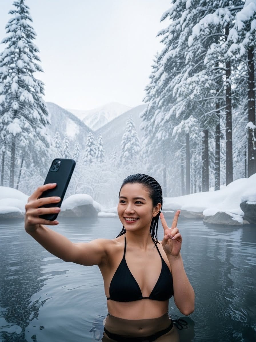 Photorealistic Japanese Female Influencer in Hot Spring - AI Prompt