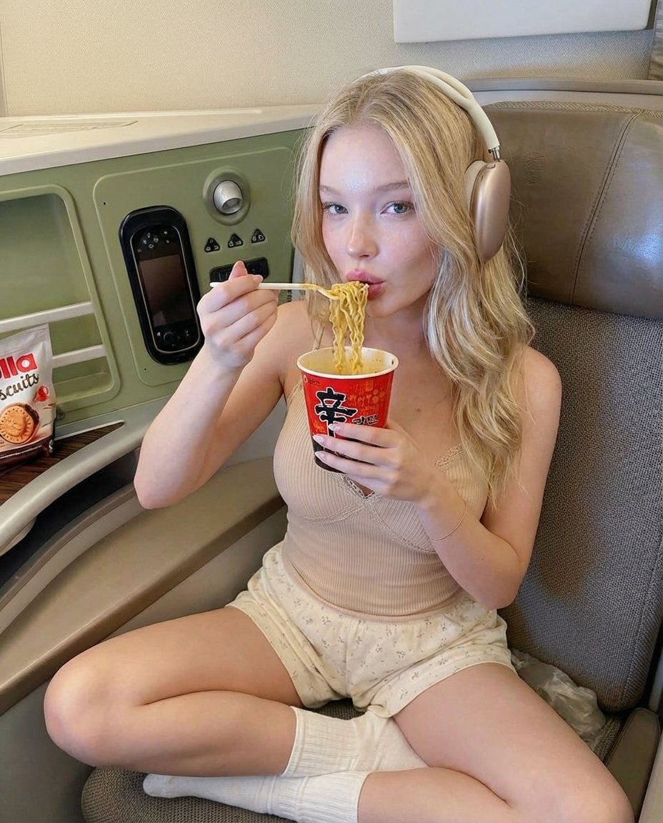 Photorealistic Lifestyle Photo of a Woman Eating Noodles on a Train - AI Art AI Generated Artwork