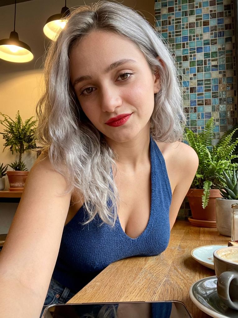 Photorealistic Low-Angle Café Selfie - Prompt IA