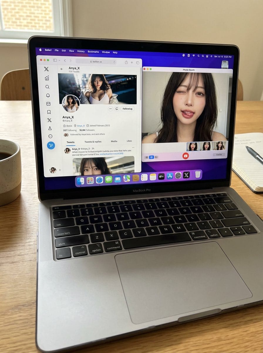 Photorealistic MacBook Desktop Selfie Scene - AI 프롬프트