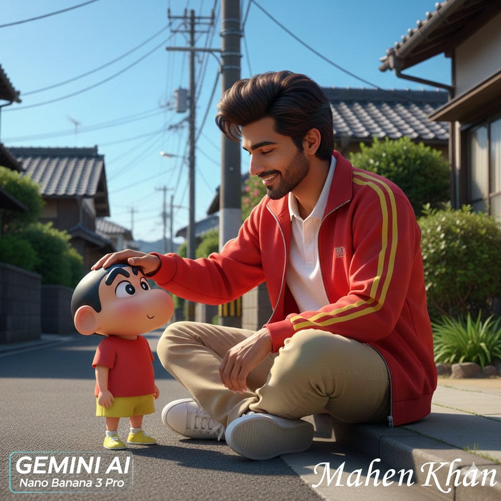 Photorealistic Man Interacting with 3D Shin-chan - Prompt IA
