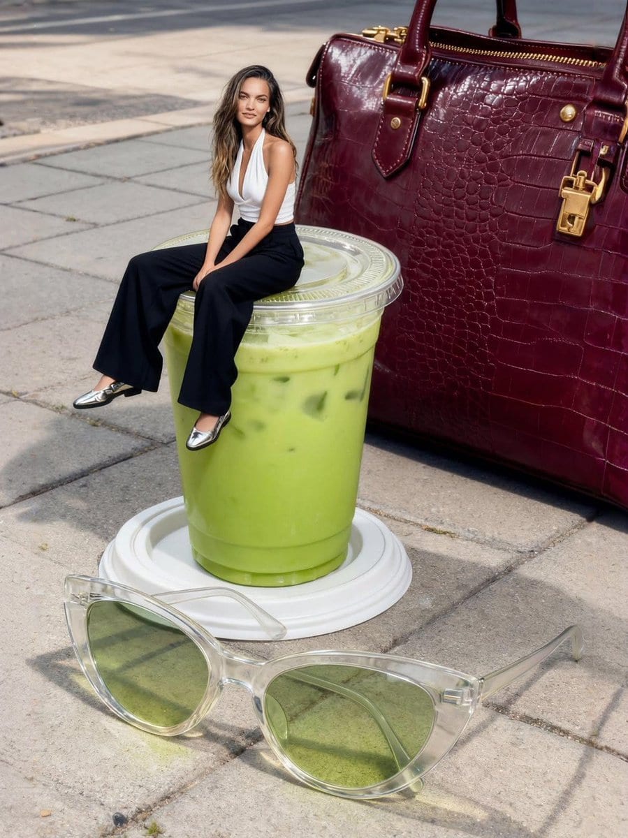 Photorealistic Miniature Woman on Milkshake Cup - AI 프롬프트