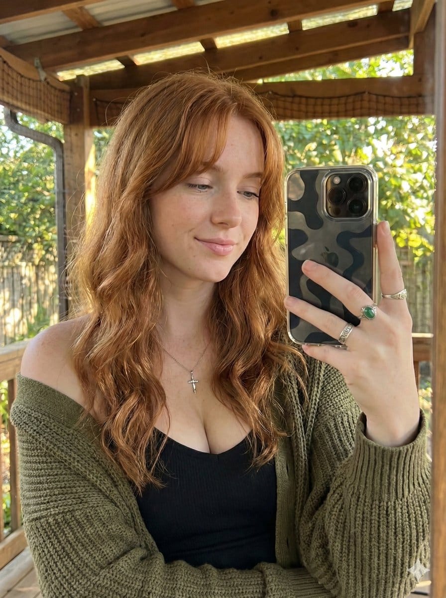 Photorealistic Mirror Selfie with Copper Hair - Prompt de IA