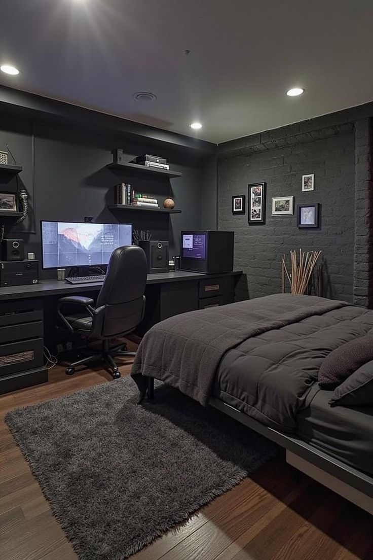 Preview image for Photorealistic Modern Dark Bedroom and Workspace Interior prompt