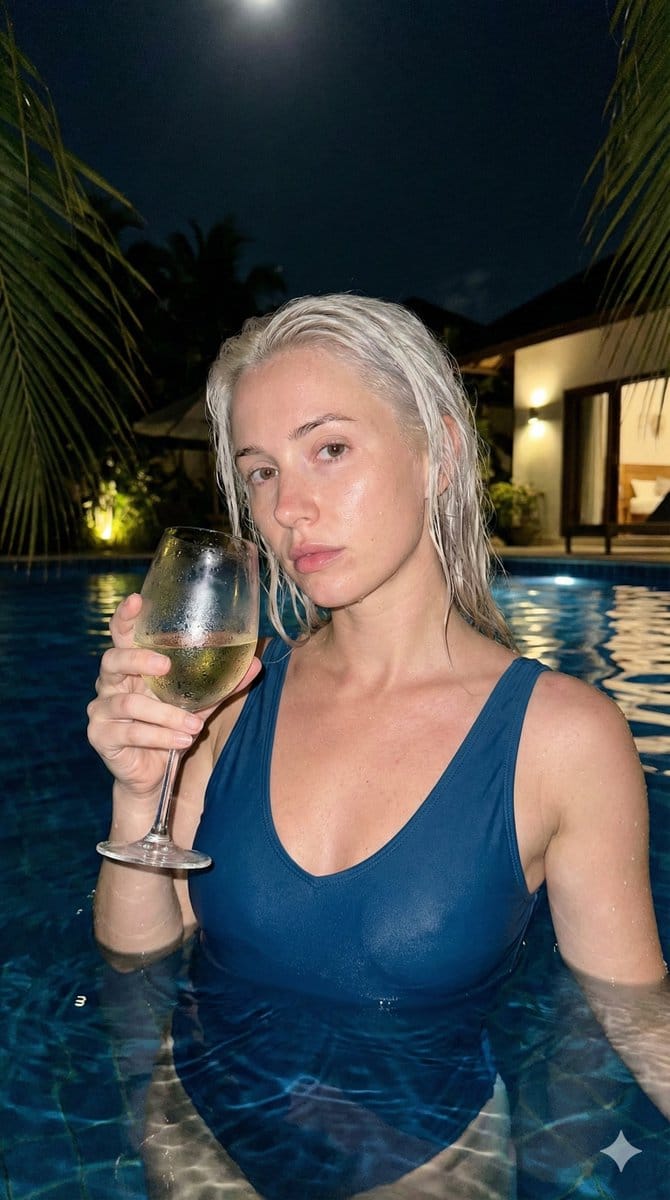 Photorealistic Night Pool Candid with Wet Hair and Wine Glass - KI-Prompt