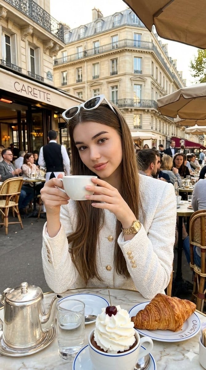 Photorealistic Parisian Café Editorial Portrait - AIプロンプト