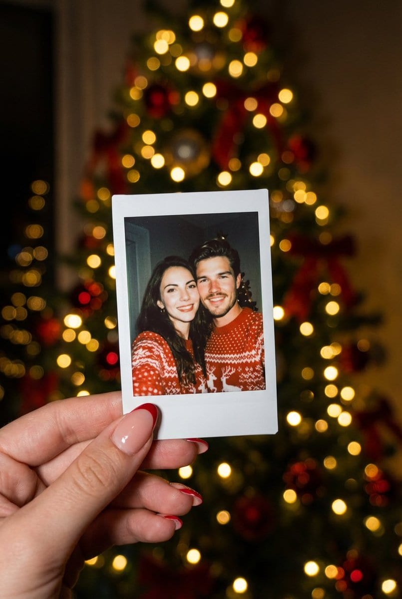 Photorealistic Polaroid Couple Selfie with Christmas Bokeh - KI-Prompt