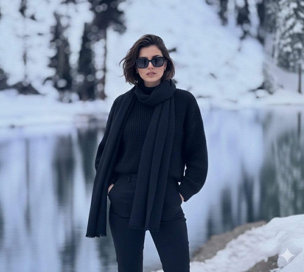 Photorealistic portrait of a stylish woman in a snowy landscape - AI Prompt