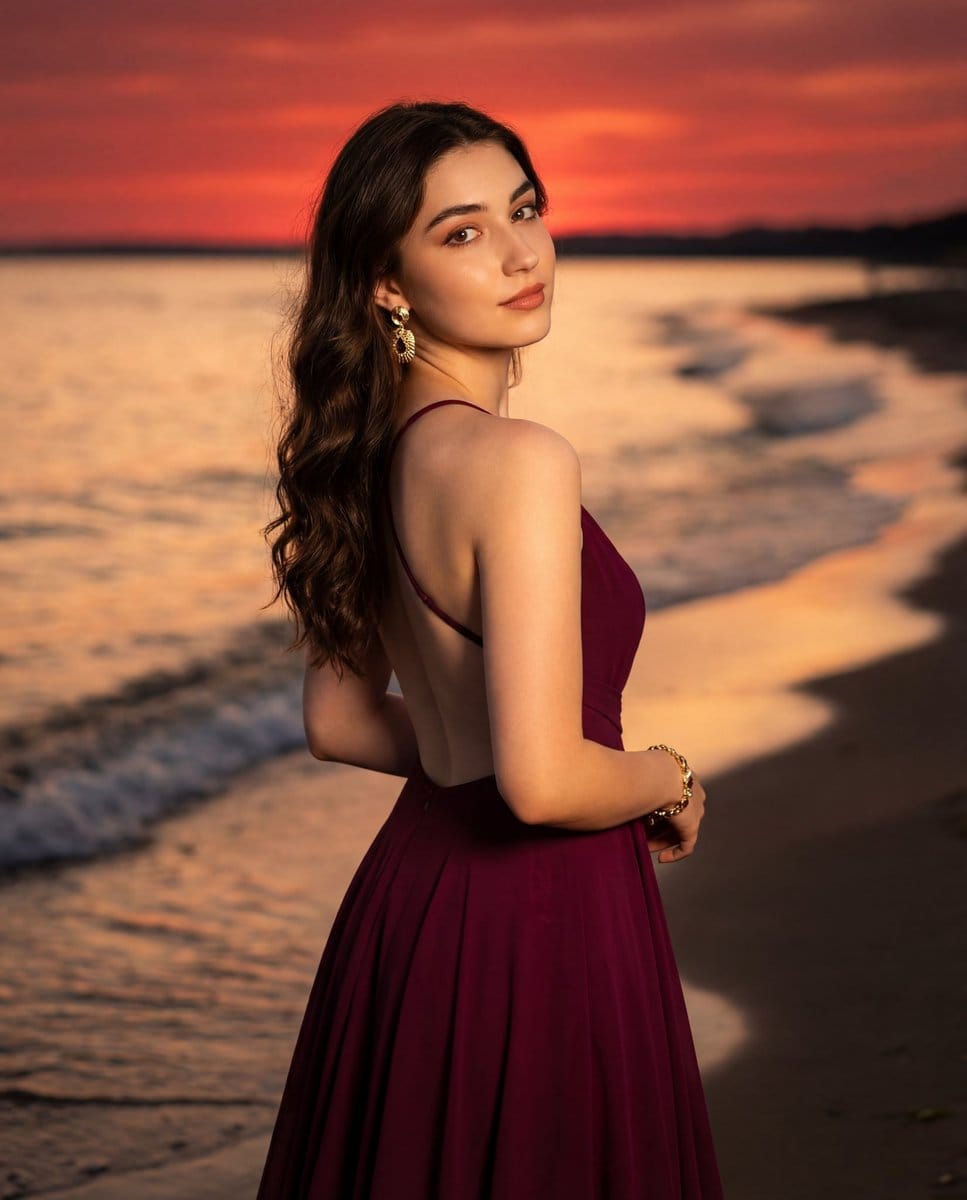 Photorealistic Portrait of a Woman in an Evening Dress at Sunset Beach - Prompt IA