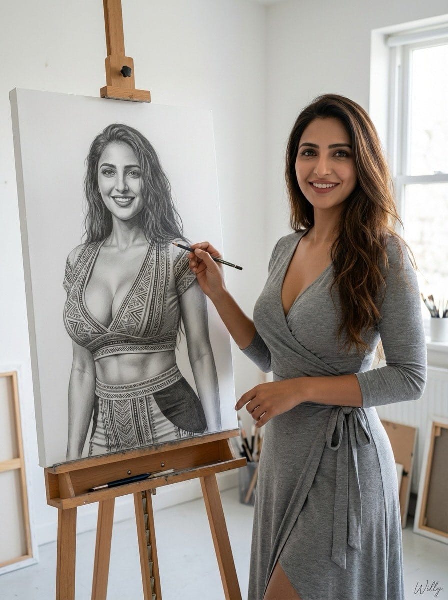 Photorealistic Portrait with Grayscale Drawing - AIプロンプト