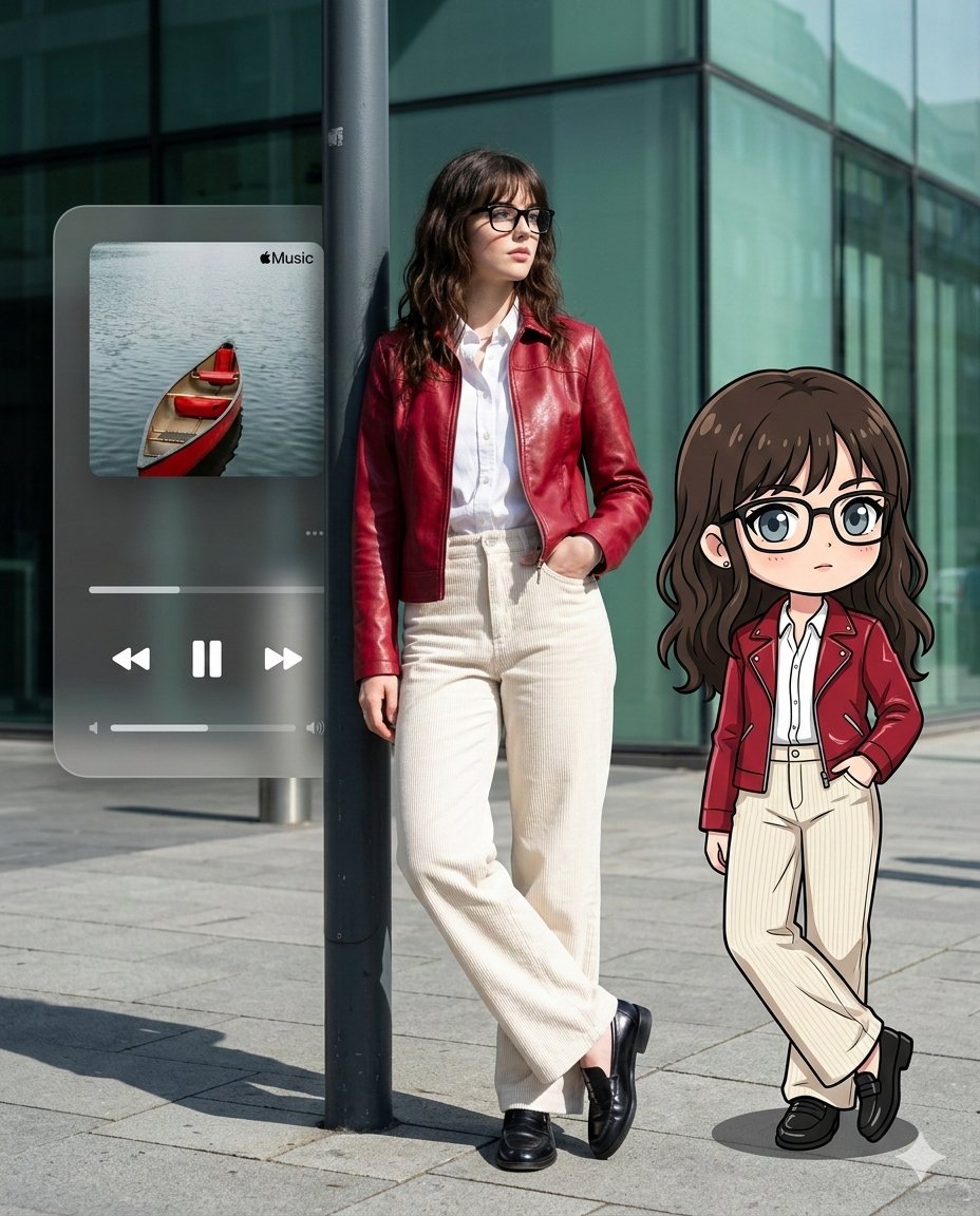 Preview image for Photorealistic Self-Portrait with Chibi and UI Overlay Prompt prompt