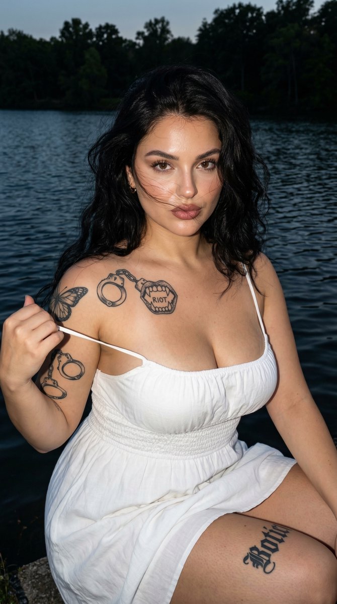 Preview image for Photorealistic Tattooed Woman by Lake at Dusk prompt