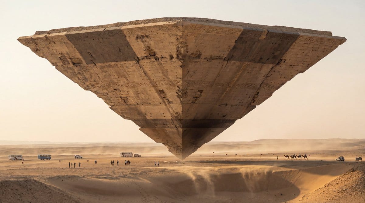 Photorealistic Ultra-Wide Desert Scene with Inverted Pyramid - AI Prompt