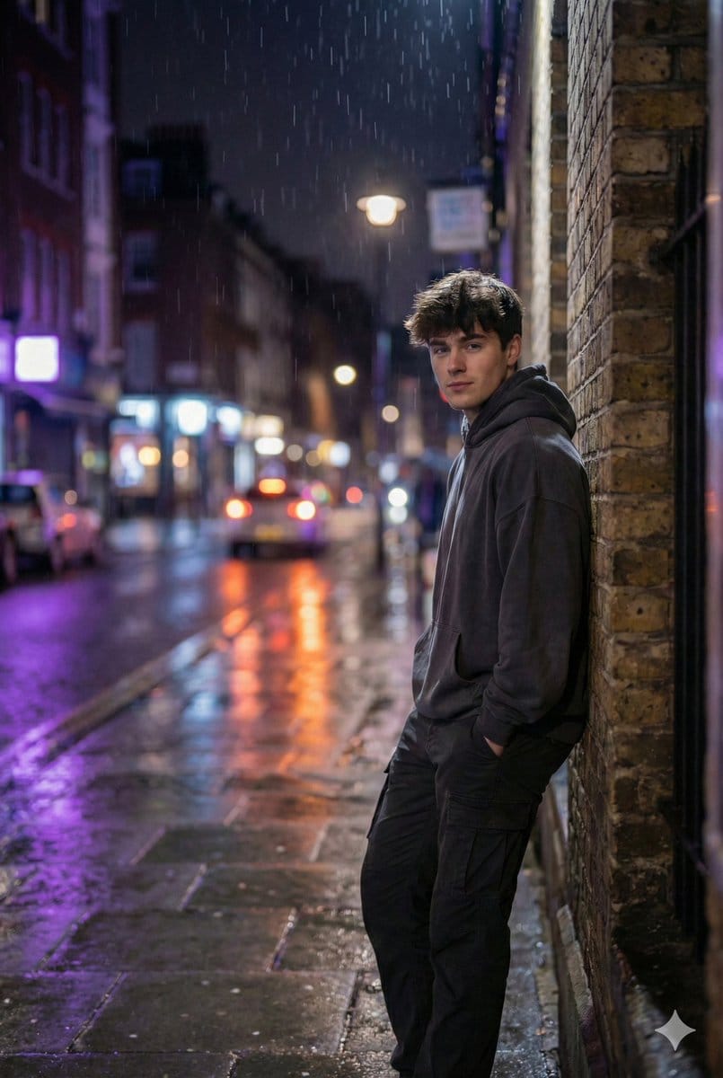 Photorealistic Urban Night Portrait of a British Man - Prompt IA