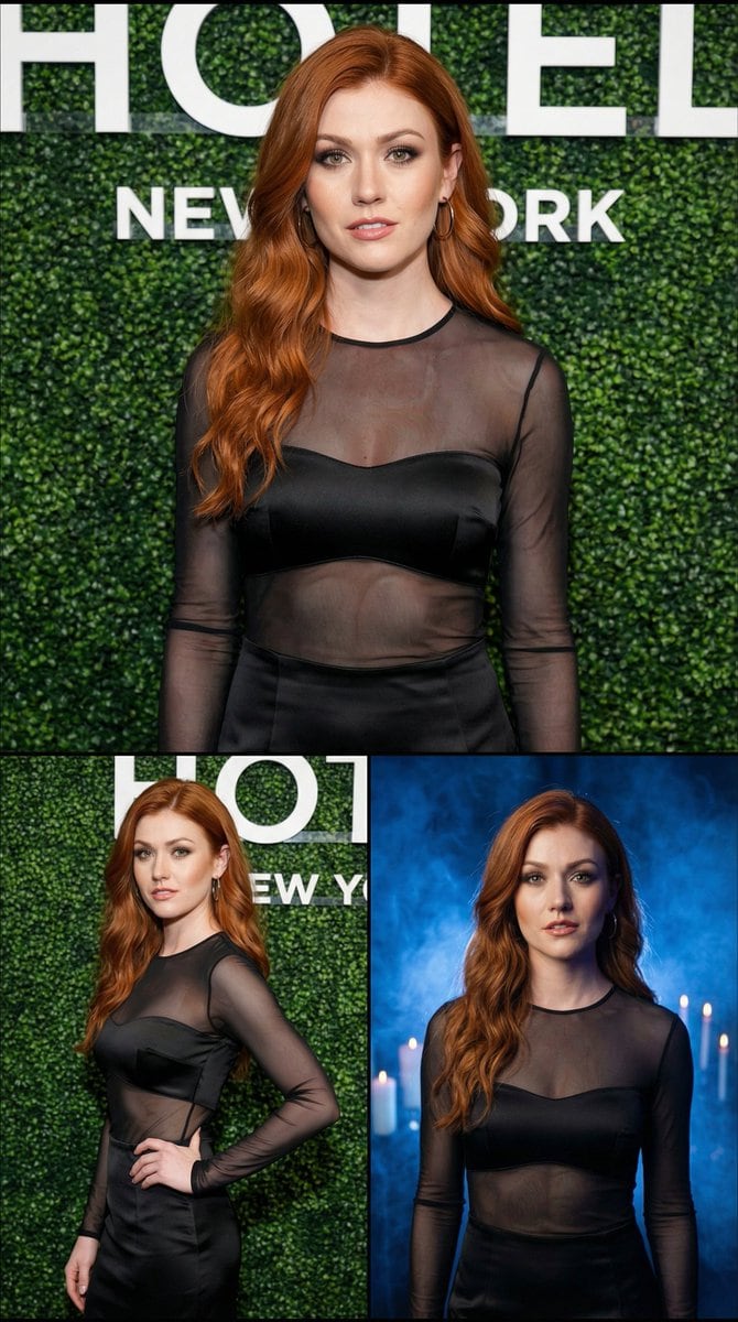 Photorealistic Vertical Collage of a Woman in Black Dress - AIプロンプト