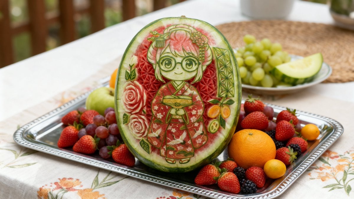 Photorealistic Watermelon Carving of an Original Character (OC) - Prompt IA