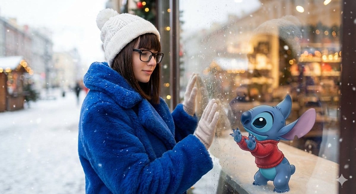 Photorealistic Winter Portrait with Animated Character Interaction - Prompt IA