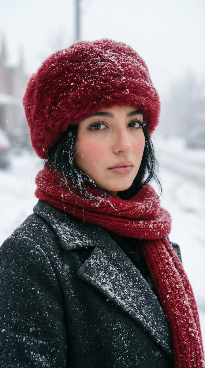 Preview image for Photorealistic Winter Street Portrait with Red Accents prompt