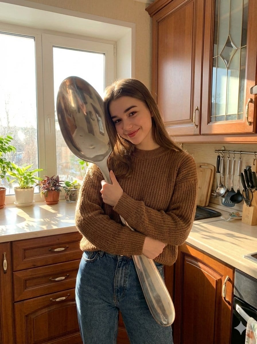 Photorealistic Woman Hugging Giant Spoon in Kitchen Prompt - KI-Prompt