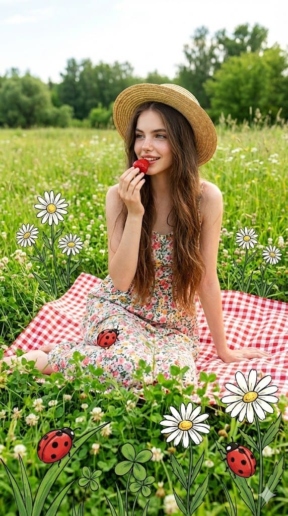 Picnic Meadow Photo with 2D Illustration Overlay Prompt - AIプロンプト