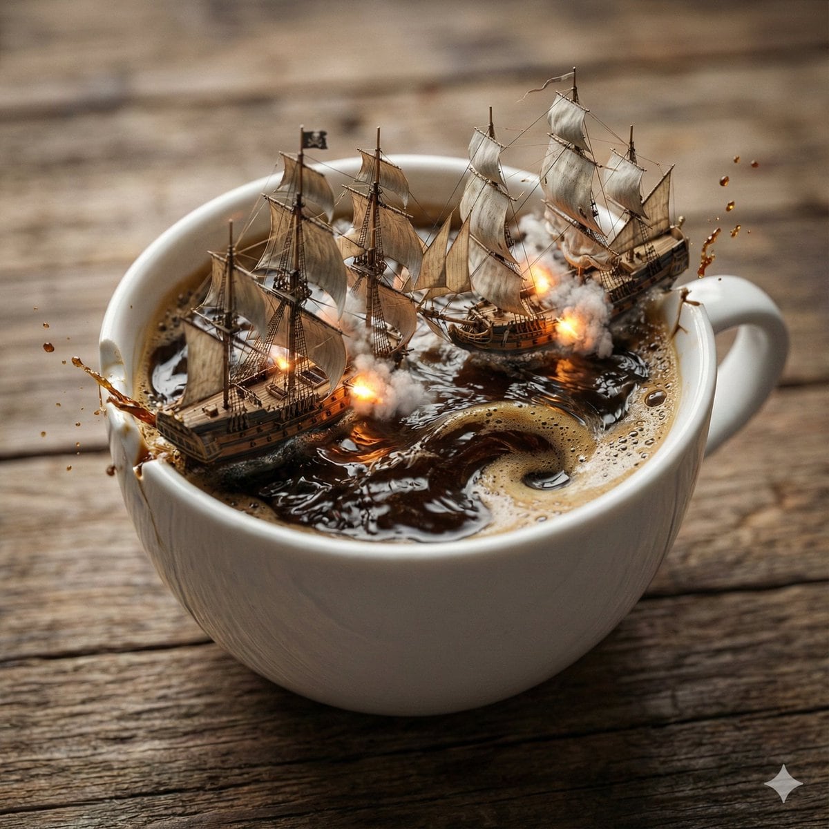 Pirate Sea Battle Inside a Coffee Cup - AI Prompt