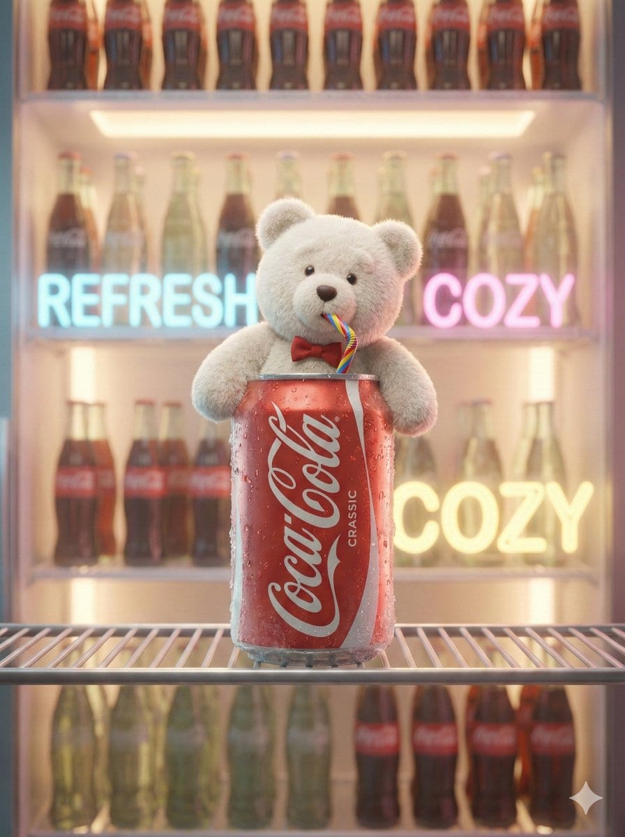 Pixar-Level Commercial Scene: Teddy Bear in a Soda Can - AI提示词