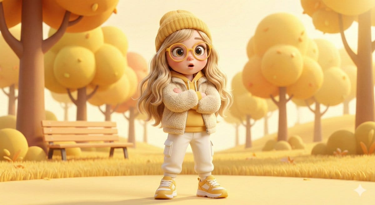 Pixar-style 3D character of a cheerful girl in yellow - AI Generated Character Style Image Example