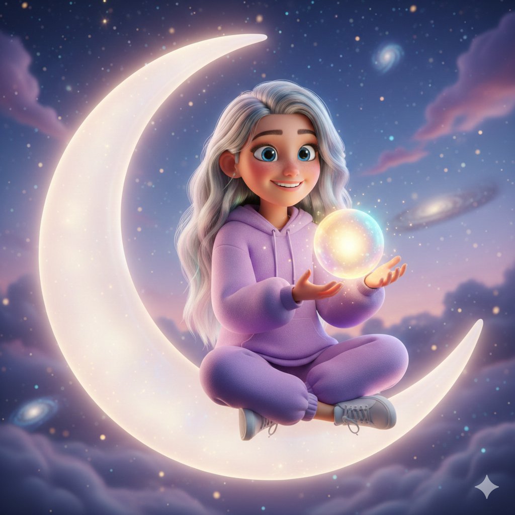 Pixar-Style 3D Character on a Crescent Moon