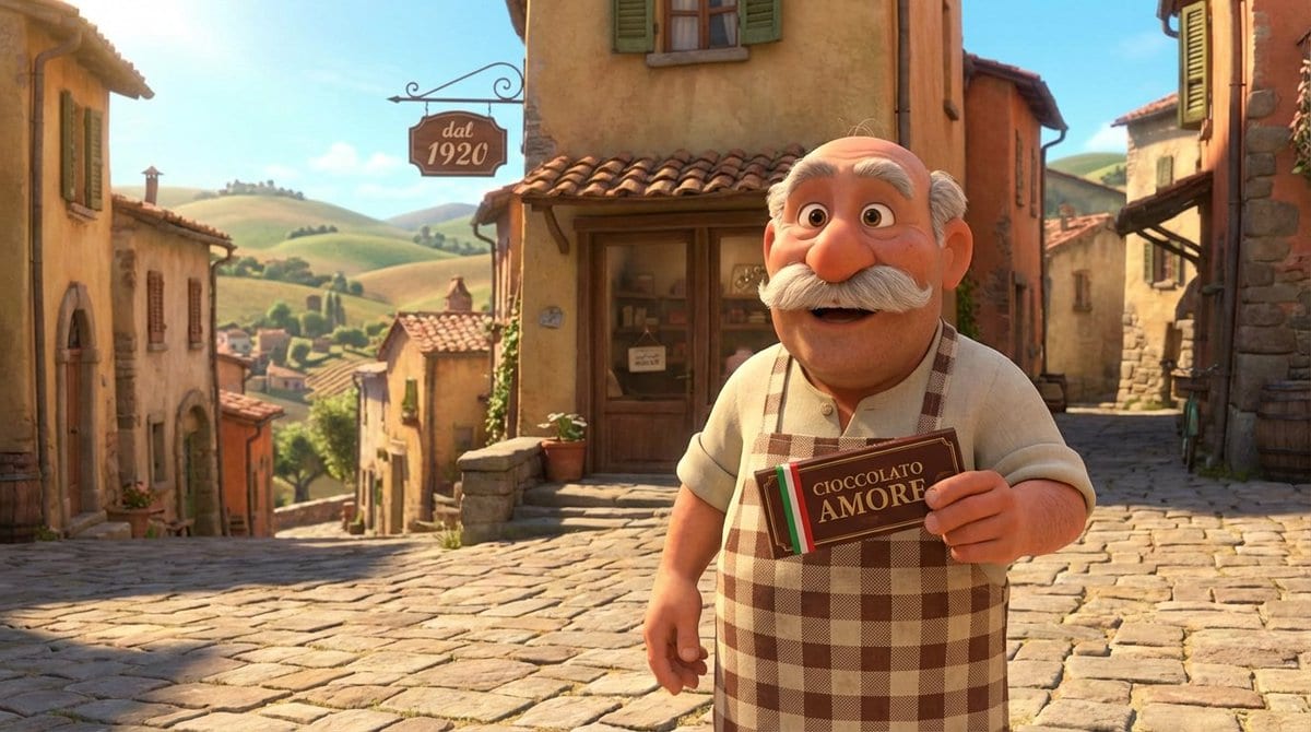 Pixar Style Italian Man in Front of Chocolate Shop - Prompt IA