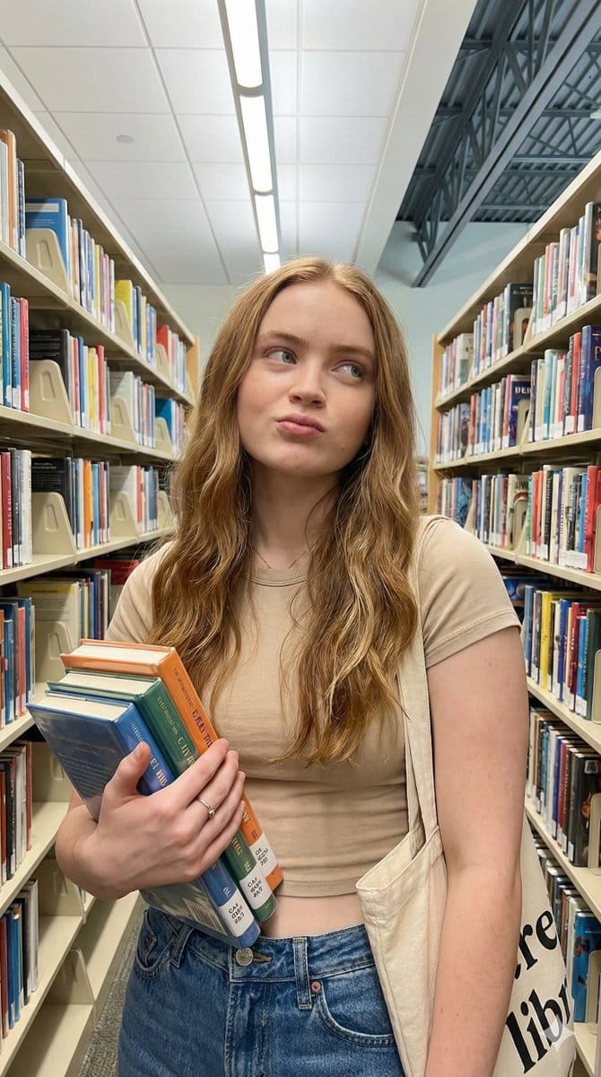 Playful Lifestyle Photo of Woman in Library Prompt - AI提示詞