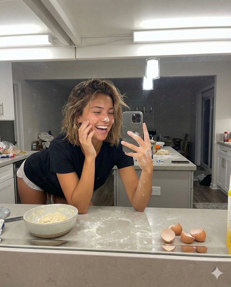 Playful Mirror Selfie in a Messy Kitchen - AI 프롬프트