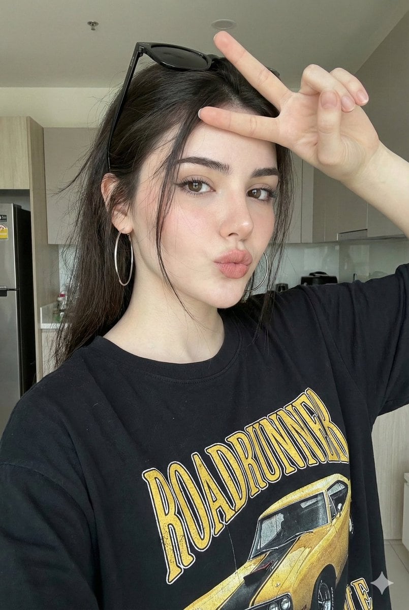 Playful Selfie Portrait with Peace Sign (JSON) - KI-Prompt