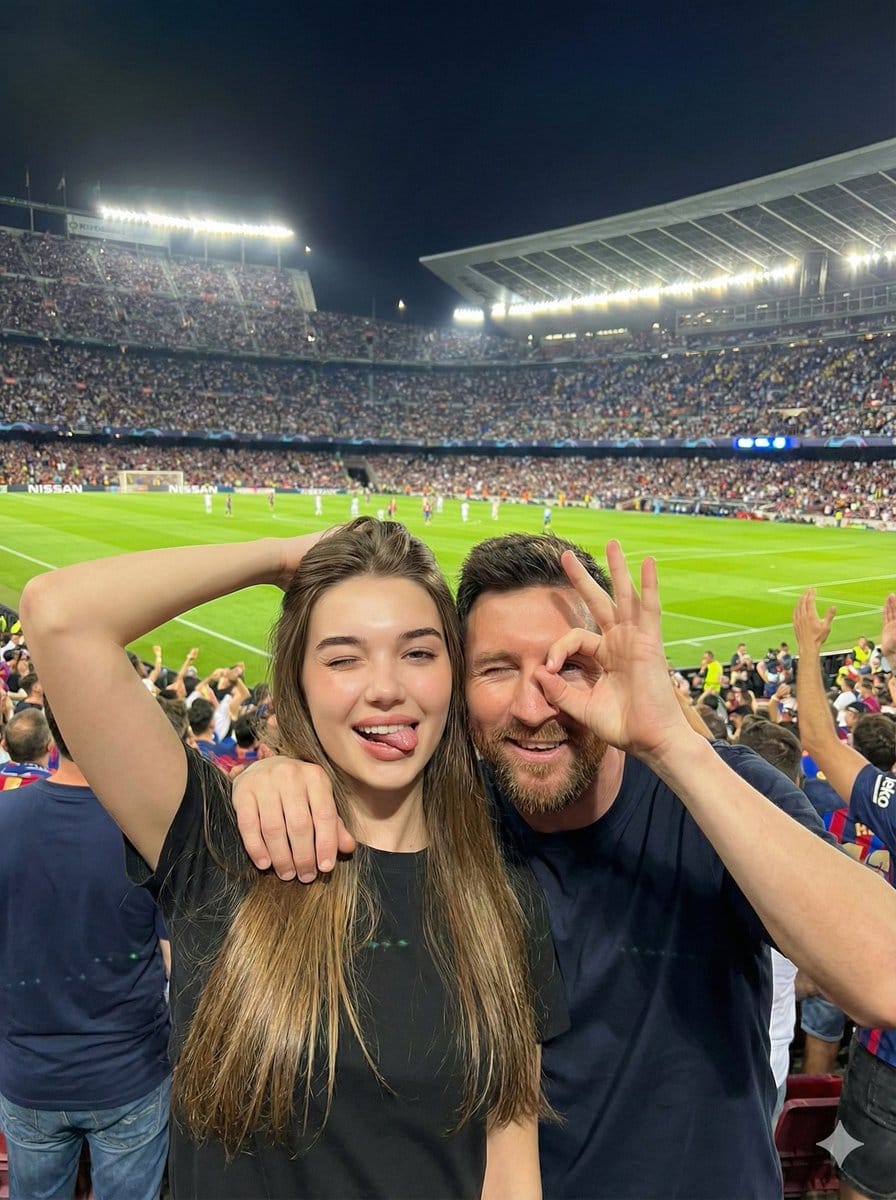 Playful Selfie with Lionel Messi in a Football Stadium - AI 프롬프트