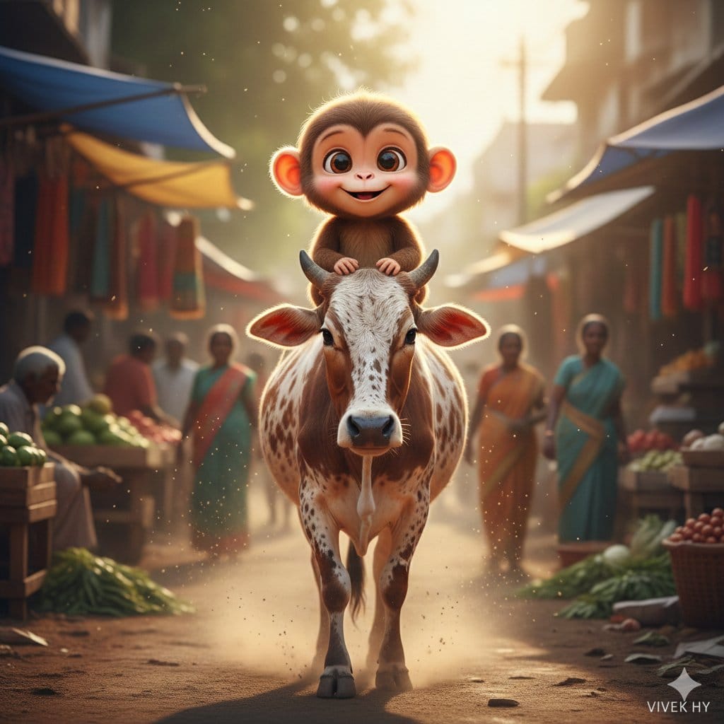 Playful Surreal Village Scene: Monkey Riding a Cow - AI Prompt