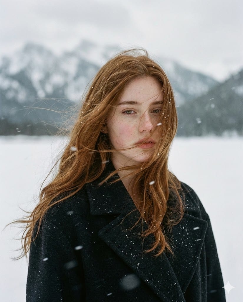 Poetic Cinematic Portrait in Snowy Landscape - AI Prompt